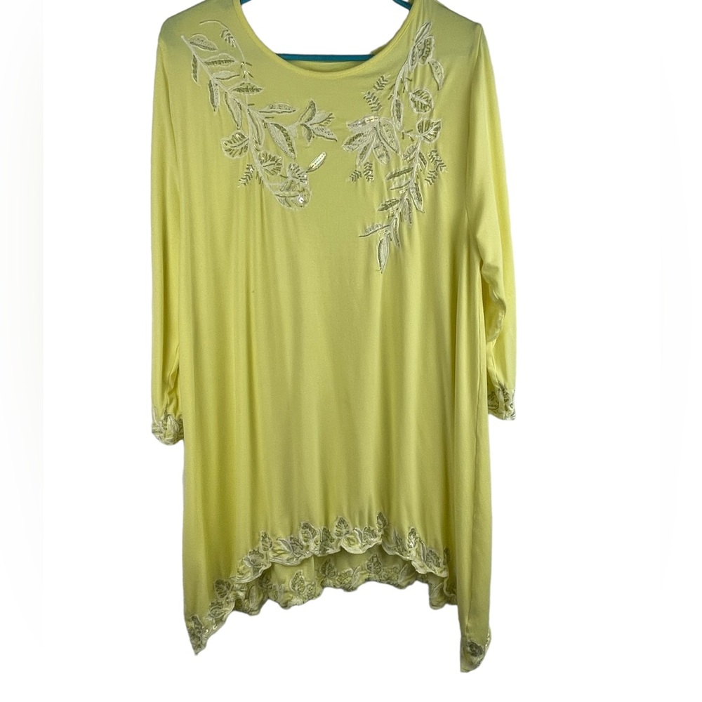 Soft Surroundings yellow embroidered sequined pull over knit blouse Sz XL